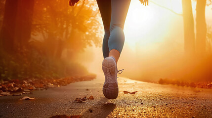 bodypart of legs of a female person jogging on the road at sunset or sundown in a foggy day