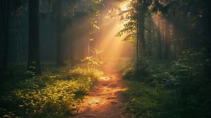 A trail going through the woods, lit up by rays of sunlight coming through the mist.