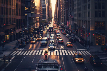 A busy city street with a crosswalk and a taxi cab - obrazy, fototapety, plakaty