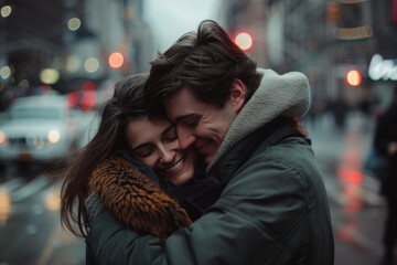 A man and a woman hugging on a city street