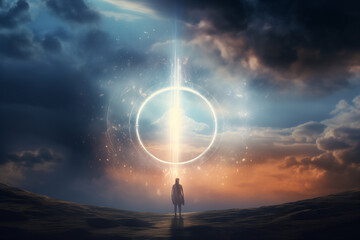 Moment of an opening portal in the sky, revealing a passage to new dimensions, man shillouette standing in the middle. Ai generated - obrazy, fototapety, plakaty