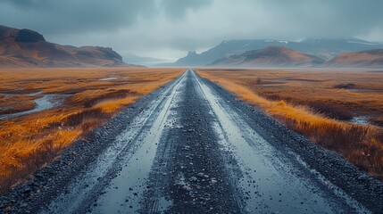 Beautiful Landmanalaugar gravel dust road in the highlands Heavy muddy terrain for extreme vehicles - obrazy, fototapety, plakaty