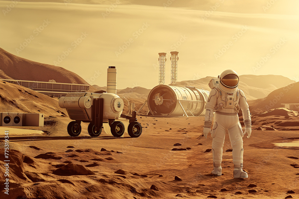 Wall mural futuristic human base on mars. mars rover and spaceman with cutting-edge design, mars bases and a ro