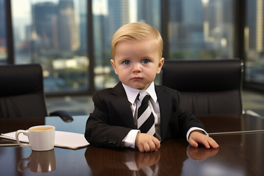 Small baby business man dressed in suit at a meeting in a fancy modern business office. Business Baby Ceo concept. Ai generated