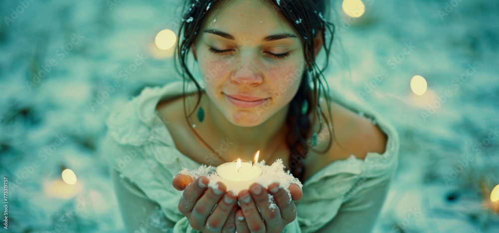 Poster   A woman holding a lit candle in her hands against a snow-covered ground with Christmas lights in the background