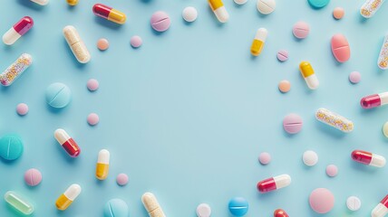 Various white medication tablets and capsules on blue background. Concept of healthcare and medicine. Top view, copy space