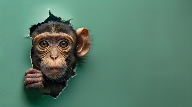 A green background with a baby monkey peeking out of a hole