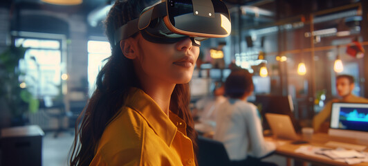 In an office setting, a woman wears VR glasses amidst a backdrop of people working around her, highlighting the integration of virtual reality technology into everyday professional environments - Powered by Adobe
