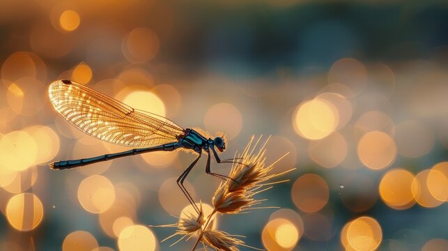 Detailed macro damselfly on reed, river backdrop, ultra high res for photographic realism