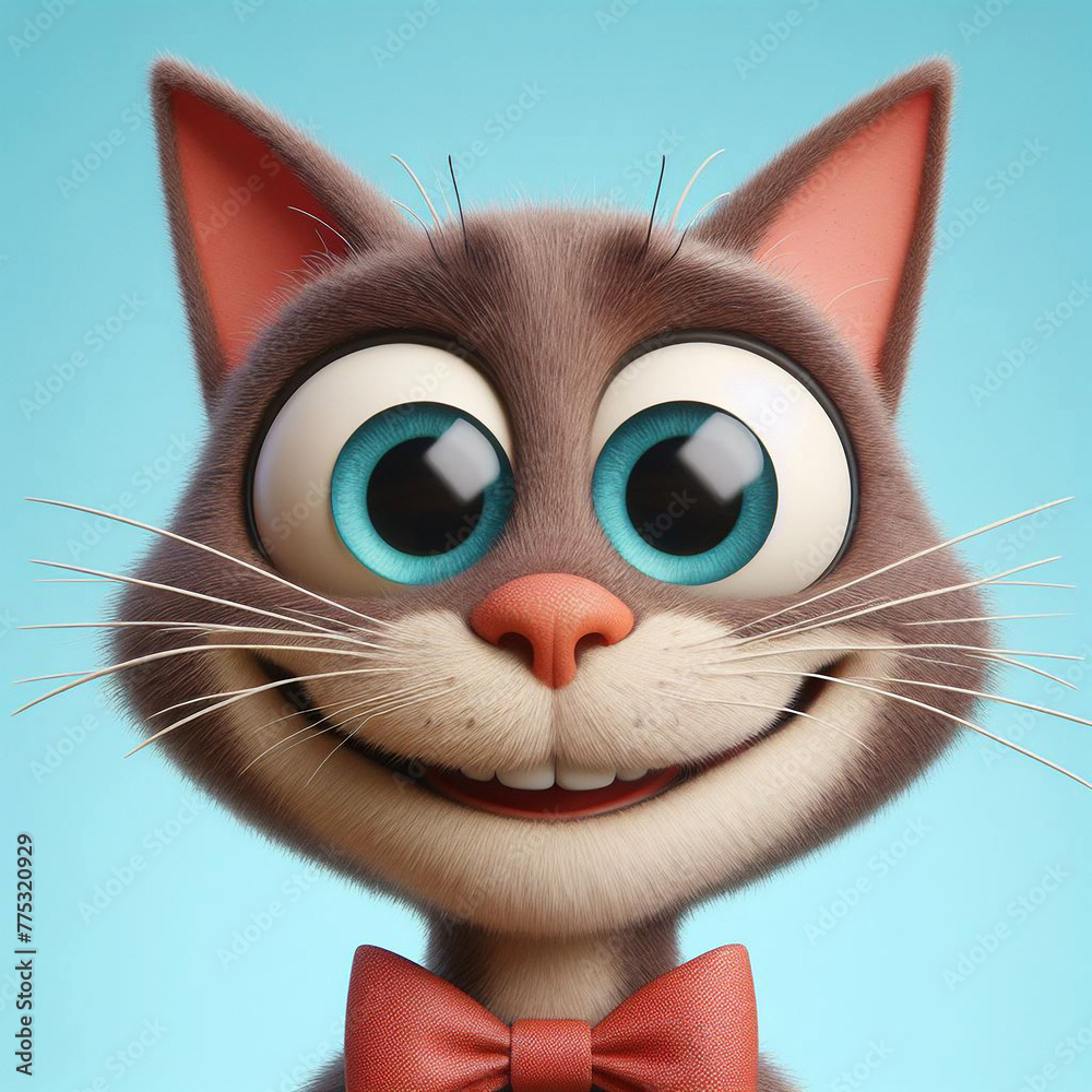 Poster Portrait of cute cat with big smile isolated on blue background, funny 3D character design for website app or video game avatar