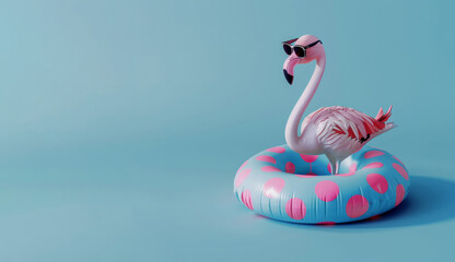 Chic flamingo pool float with sunglasses, ready for summer fun against a cool blue backdrop