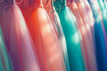 Colorful line-up of elegant dresses with sparkling details
