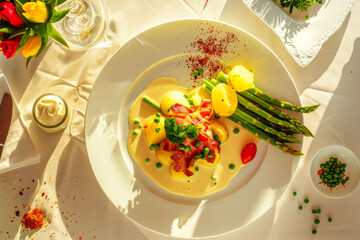 A harmony of flavors with tender asparagus, crispy bacon and golden potatoes combined in a rich cheese sauce, flat lay, dishes served on a table in a cafe, seasonal menu idea