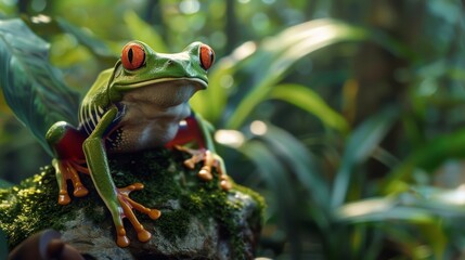 Green frog toad sits on a stone forest