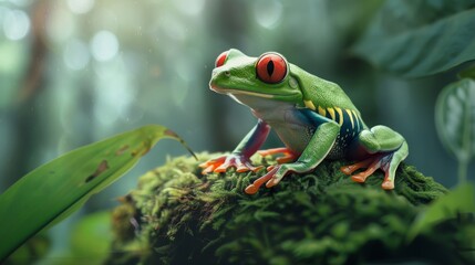 Fototapeta premium Green frog toad sits on a stone forest