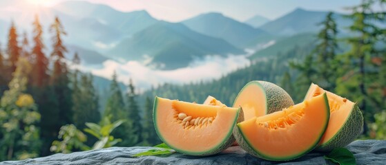   A cantaloupe sliced in half, resting on a boulder against a backdrop of majestic mountains - obrazy, fototapety, plakaty