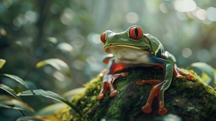 Green frog toad sits on a stone forest - Powered by Adobe