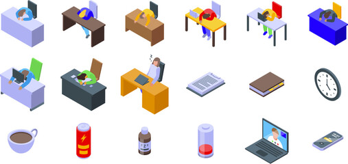 Tired woman sleep desk icons set isometric vector. During work. Deadline learning