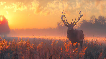 Deer grazing in a meadow at dawn