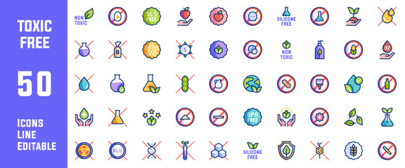 50 Toxic Free Icons Set Pack Line Editable Vector Illustration