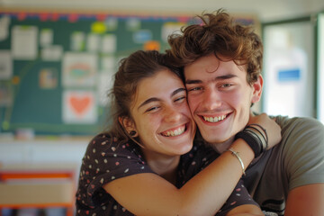 A boy and a girl are hugging and smiling for the camera
