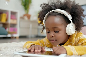 african preschool child using tablet with headphones, black little kid watching cartoon, playing game or learning on a digital device, toddler screentime usage concept