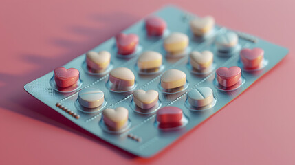Heart-shaped pills in a blister pack, representing medication for heart health or love-themed supplements, on a soft pink background.
