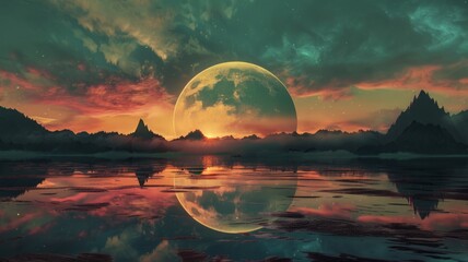 Serene landscape with moon over reflective lake - A tranquil landscape depicting a gigantic moon rising over a serene, reflective lake, embodying peace and the sublime