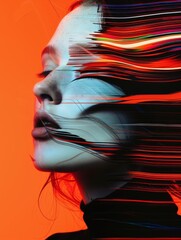 Woman's face with colorful digital streaks - A striking portrait of a woman with her face distorted by vibrant digital streaks, symbolizing identity and transformation