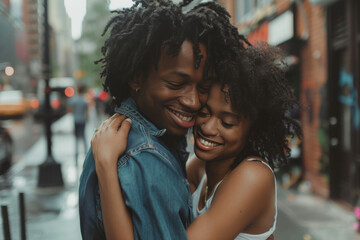 A man and a woman are hugging each other and smiling