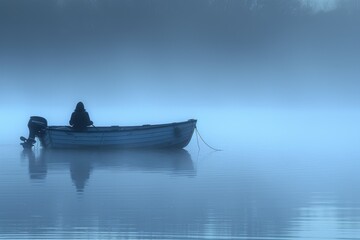 Person Sitting in Boat on Foggy Lake - obrazy, fototapety, plakaty