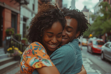 A man and woman hugging each other on a city street
