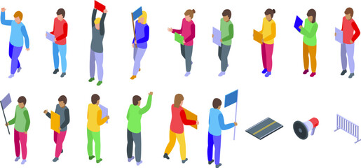 Peaceful parade icons set isometric vector. Different people. Pride flag group