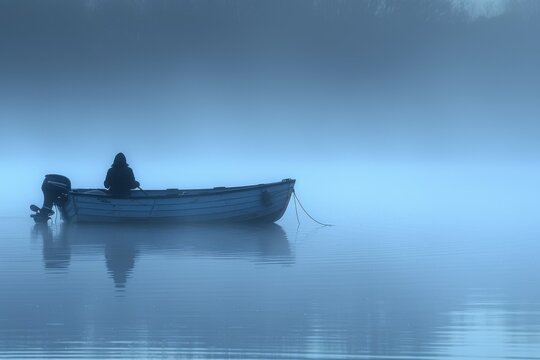 Person Sitting in Boat on Foggy Lake