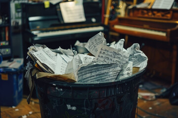A black trash can full of crumpled paper - obrazy, fototapety, plakaty