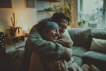 A man and woman hugging each other on a couch