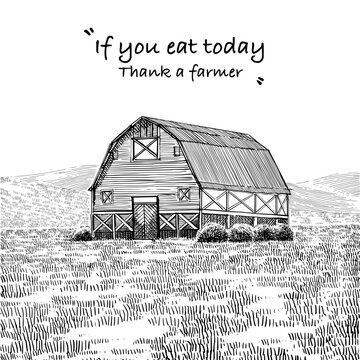 Detail line art of old farm house sketch 