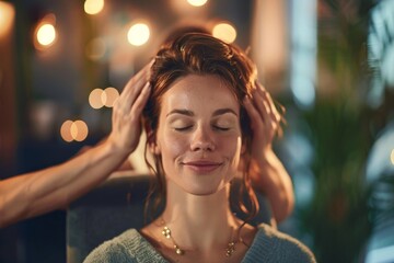 A serene young woman with eyes closed enjoys a head massage, surrounded by soft bokeh lights