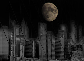    A huge moon above the skyscrapers behind the bars of the Brooklyn Bridge. New. York. Manhattan. black and white night photo withelements of surrealism.