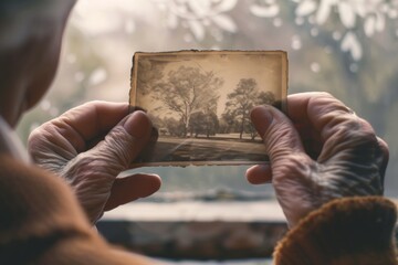 Captured through the lens of a bygone era, this sepia photograph held by aging hands evokes a sense of timeless beauty and enduring memory - obrazy, fototapety, plakaty