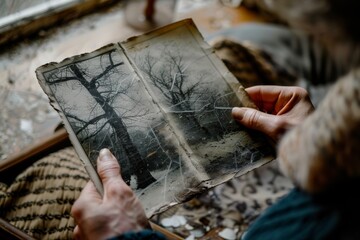 An individual examines a time-worn black and white photograph of barren trees