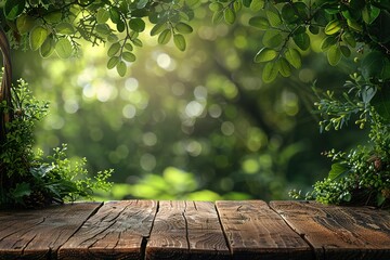 A visually striking composition featuring an empty wood table accented by a lush green bokeh blur background