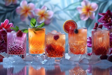 A visually stunning composition highlighting a set of diverse and colorful alcoholic cocktails