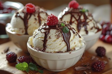 Three bowls of ice cream with chocolate sauce and raspberries on top