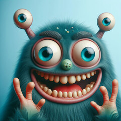 Portrait of multi-eyed monster creature with crazy face isolated on blue background, funny 3D character design for website app or video game avatar