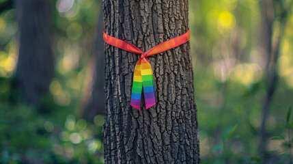 Rainbow ribbon tied around a tree trunk in a natural setting