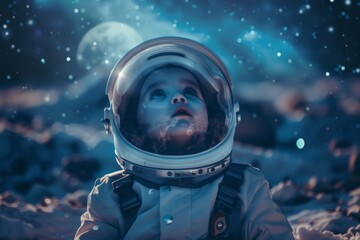 An astronaut in full gear stands on a moon-like landscape, contemplating the vastness of space in front of them - obrazy, fototapety, plakaty