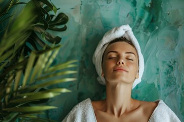 Tranquil young woman laying down with towel on head, amidst a lush green backdrop, eyes closed in relaxation