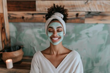 Smiling woman with a headband and green facial mask enjoys a relaxing spa day with candles in the...
