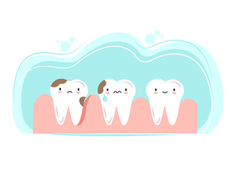 Dental Caries Teeth Vector Flat Styled Illustration. Cute Kawaii Tooth for Dentistry Business